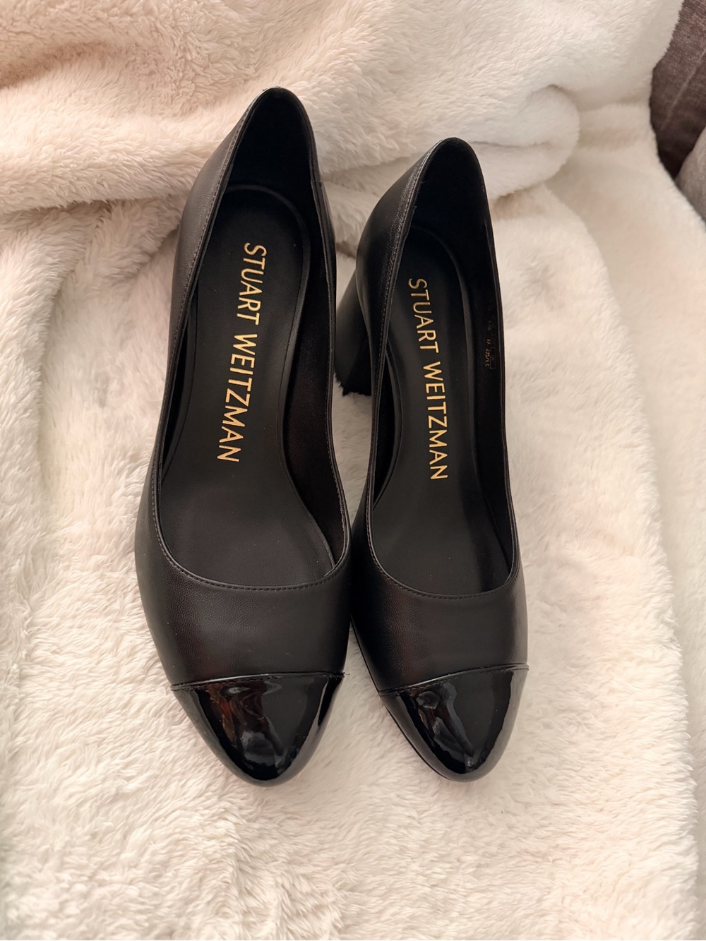 Stuart Weitzman Black Leather Pointed Cap-Toe Pumps